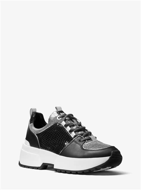 michael kors cosmo metallic logo mixed media trainer|MICHAEL Michael Kors Cosmo Trainer Sneakers .